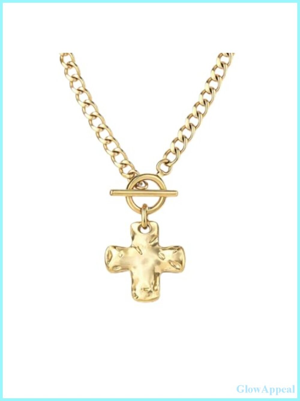 14K Gold Plated Hammered Cross Pendant Necklace Chunky Curb Chain Women